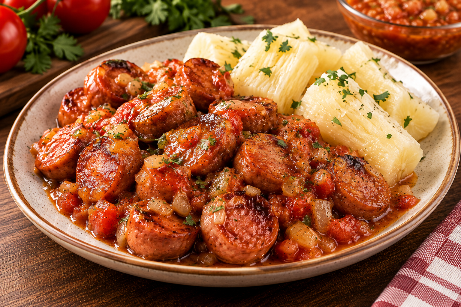 Butifarras en salsa criolla con yuca
