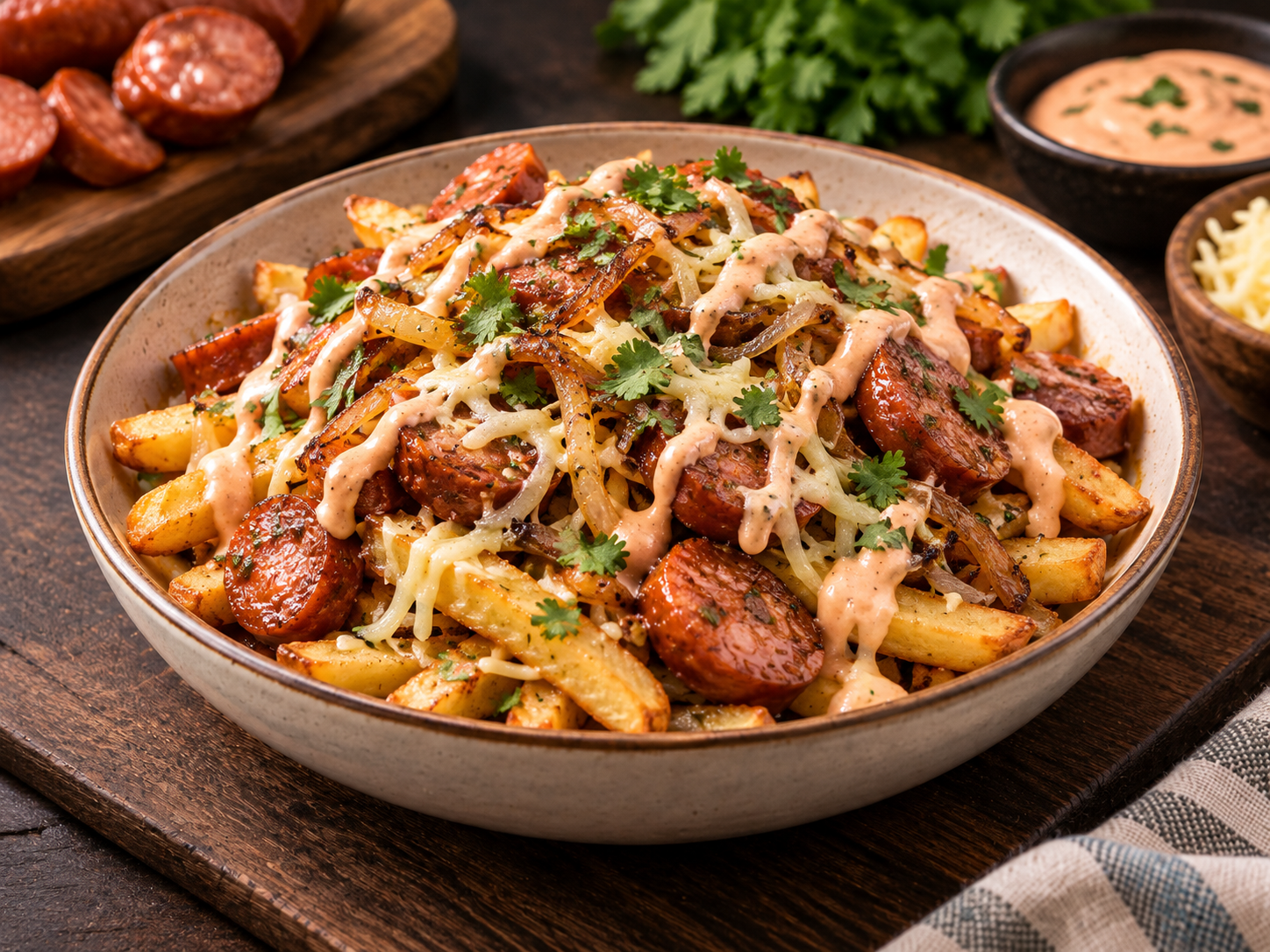 Choripapa con chorizo casero y salsa de la casa