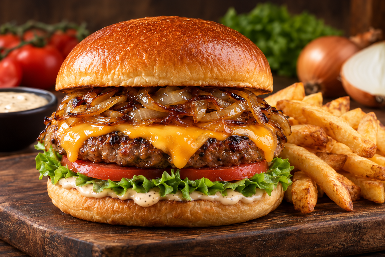Hamburguesa clasica con queso y cebolla caramelizada