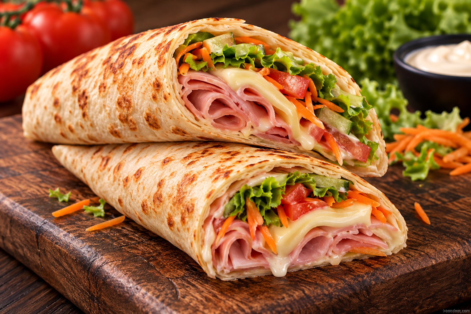 Wrap de jamon ahumado con vegetales frescos