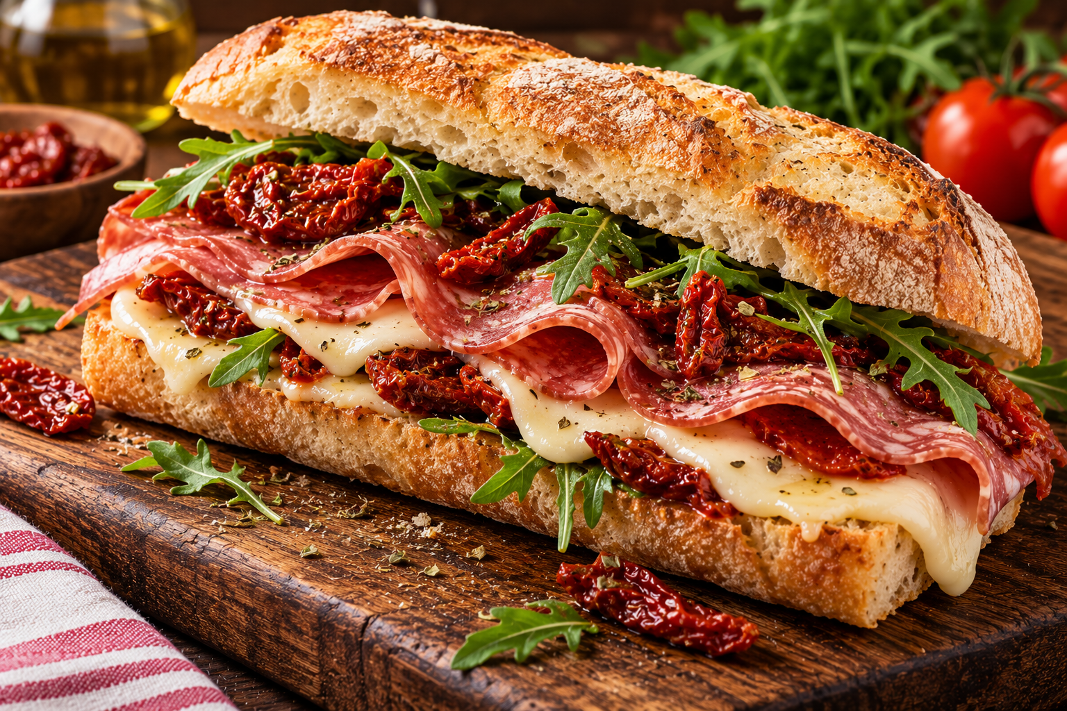 Sandwich rustico de salami con tomates secos