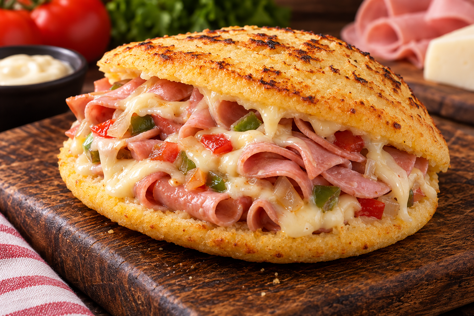 Arepa rellena de mortadela y queso campesino