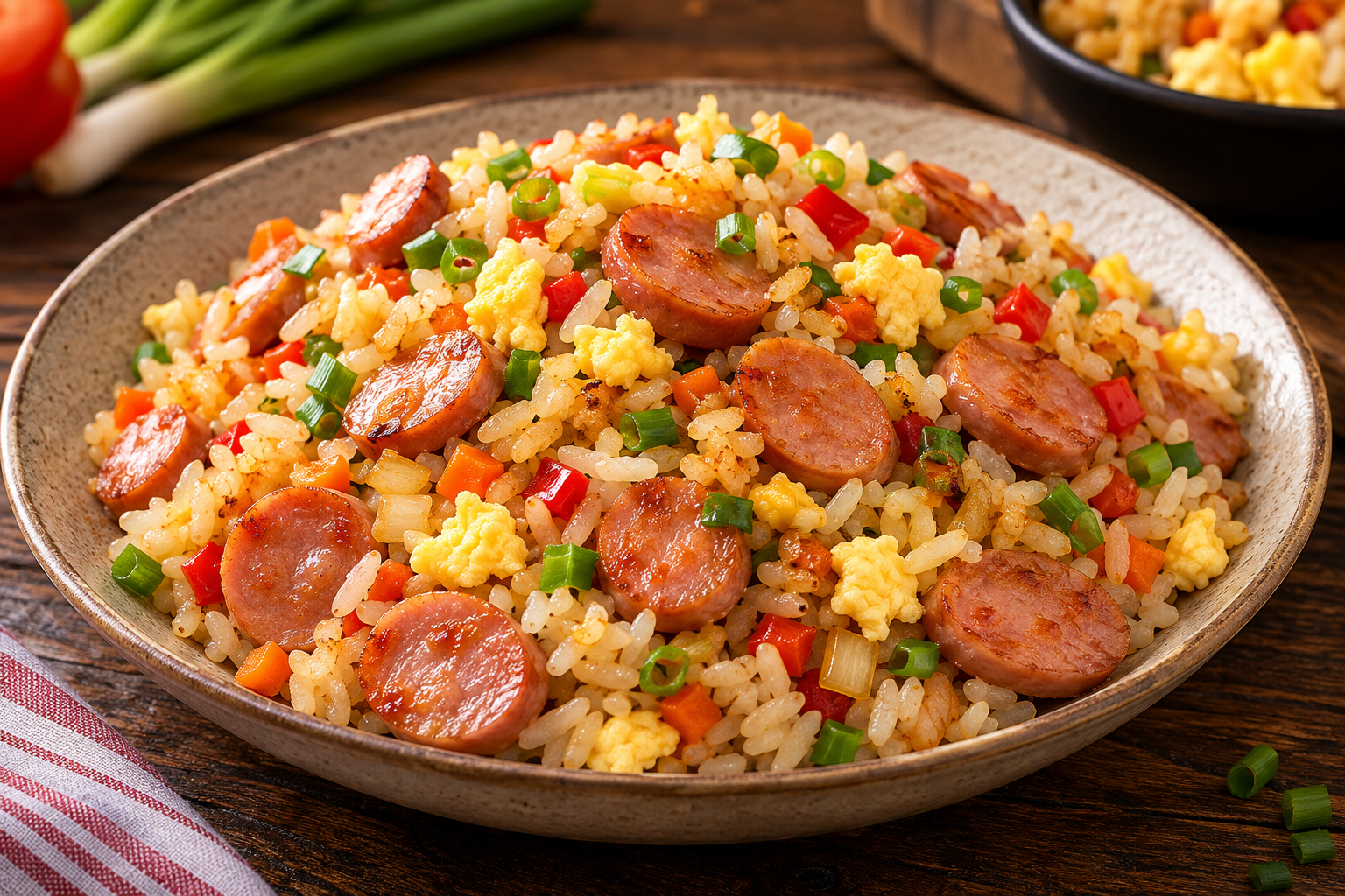 Arroz salteado con salchicha de desayuno