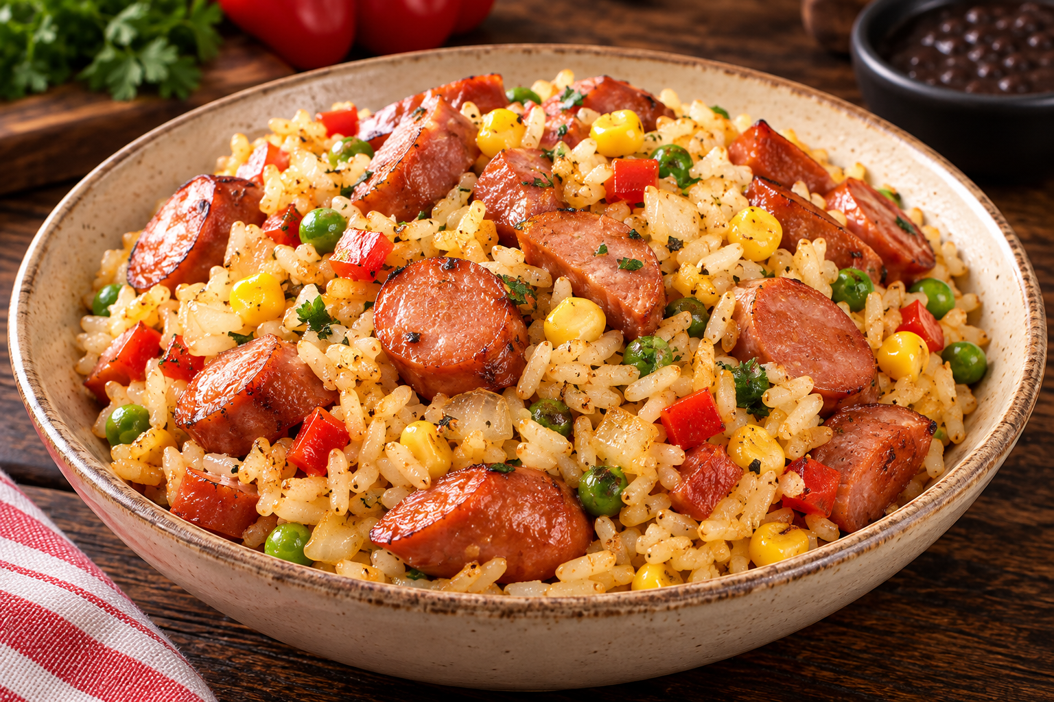 Bowl de arroz con salchichon cervecero