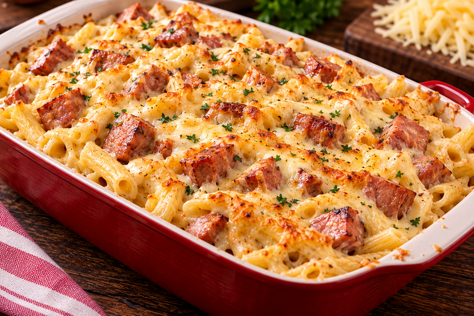 Pasta gratinada con salchichon gourmet
