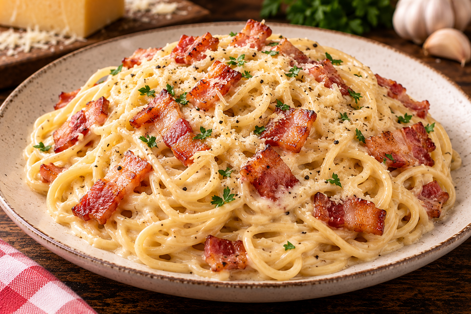 Spaghetti cremoso con tocineta ahumada