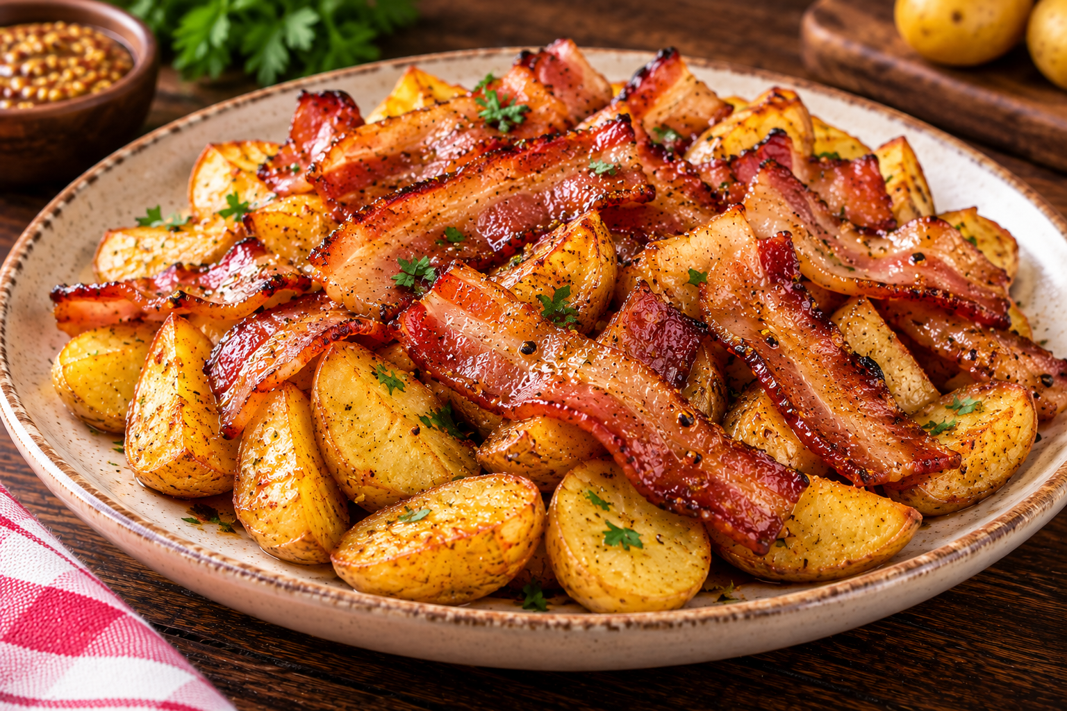 Tocineta caramelizada con papas criollas