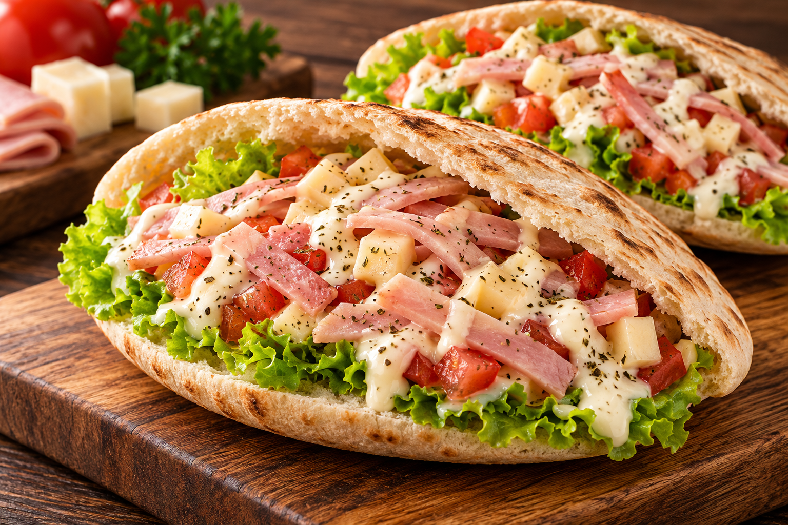 Pan pita con topping de jamon y queso