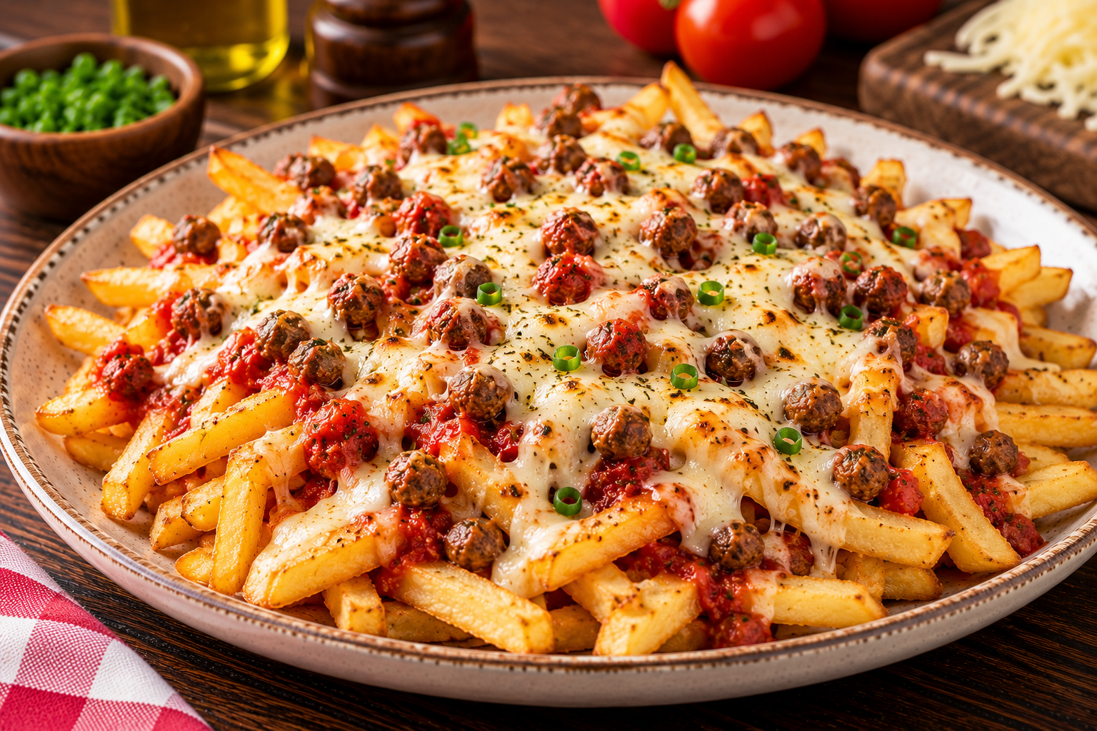 Papas cargadas con meatball y queso