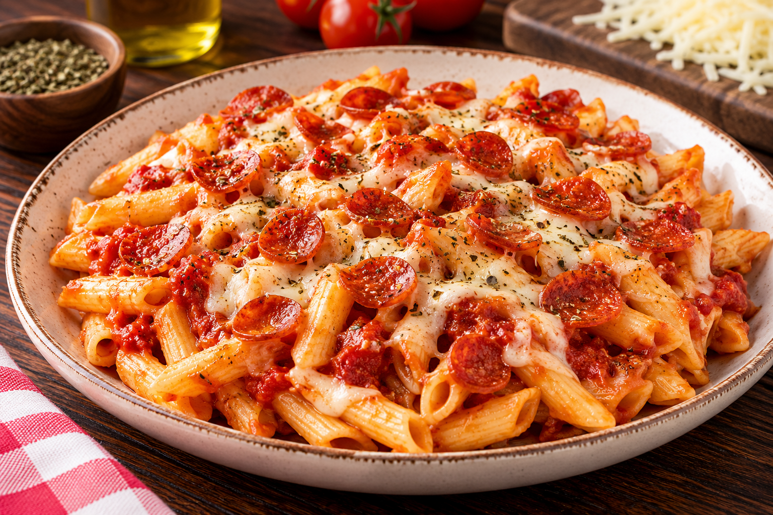 Pasta corta con topping de pepperoni